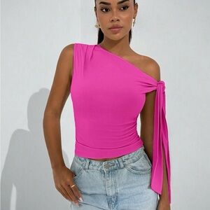 SHEIN BAE hot pink Asymmetric Collar Shoulder Tie Strap Blouse. Never worn